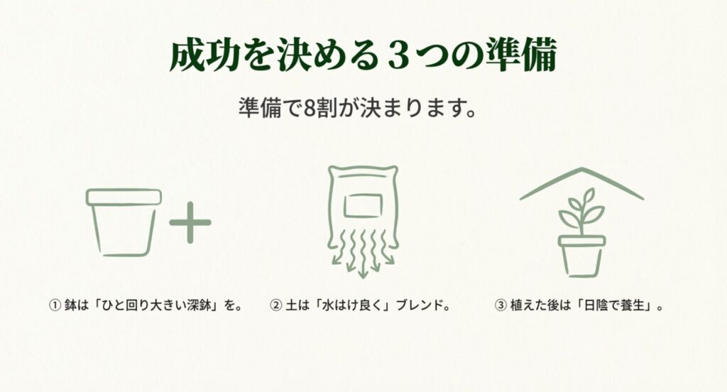 寄せ植え成功のための3ステップ（深鉢の選定、水はけの良い土のブレンド、植え替え後の日陰養生）のアイコン図
