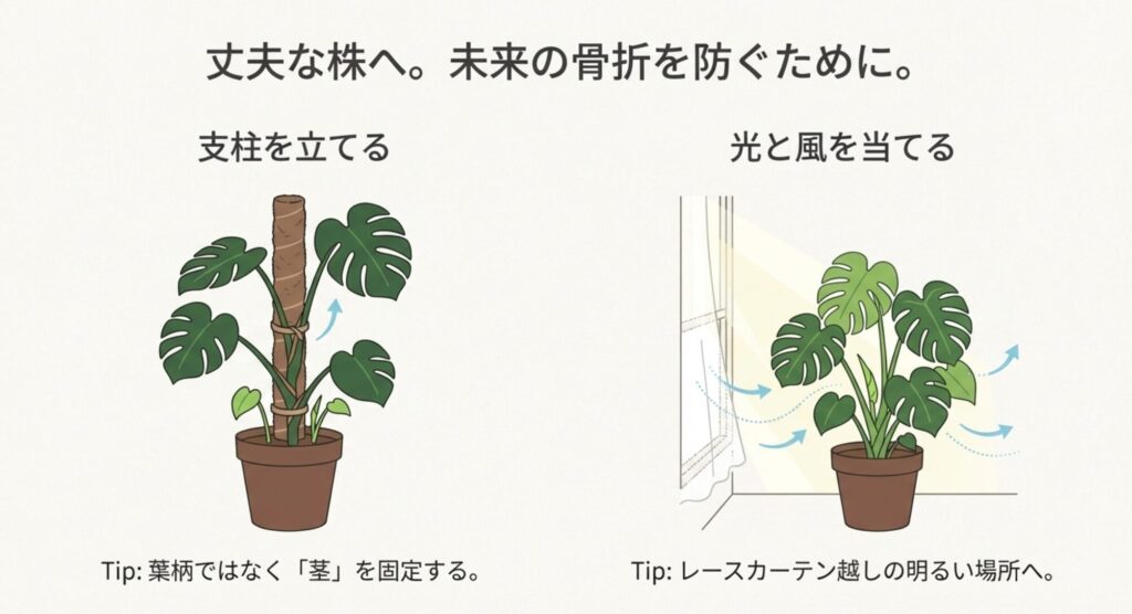 モンステラに支柱を立て、窓辺で光と風を当てて丈夫に育てる予防策のイラスト