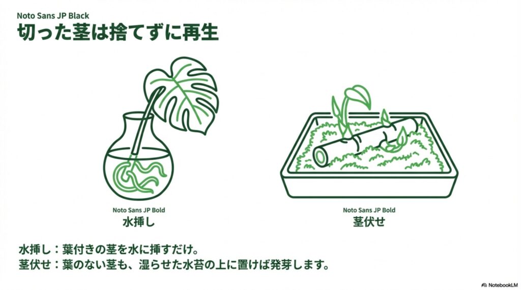 切った茎を花瓶に入れる「水挿し」と、葉のない茎を水苔に寝かせる「茎伏せ」の再生栽培イラスト