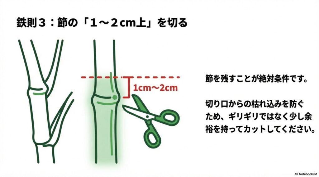 ハサミを使ってモンステラの茎を切るイラスト。節の1cmから2cm上をカットする位置を示した図