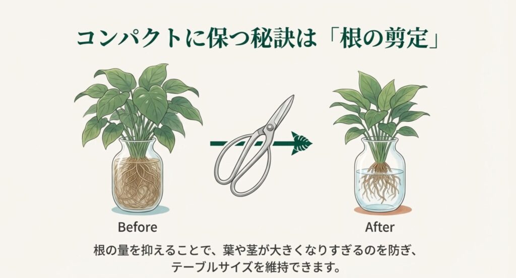 モンステラの根の剪定前後の比較イラスト（Before/After）。伸びすぎた根をカットすることで、地上部の葉や茎が大きくなりすぎるのを防ぎ、コンパクトに維持できることを解説。