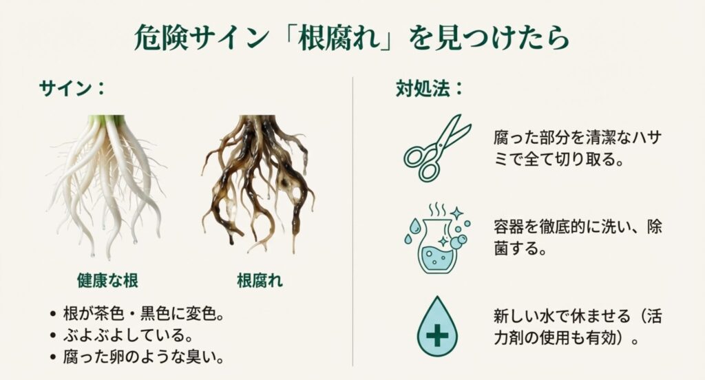 モンステラの根腐れ症状（変色、ぶよぶよ、異臭）と対処法のイラスト解説。腐った根をハサミで切り取り、容器を洗浄・除菌し、新しい水で休ませる手順を図解。