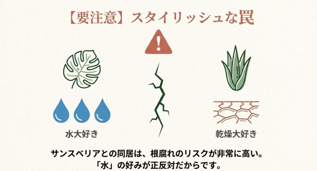 モンステラ（水が好き）とサンスベリア（乾燥が好き）の性質の違いによる根腐れリスクの警告図