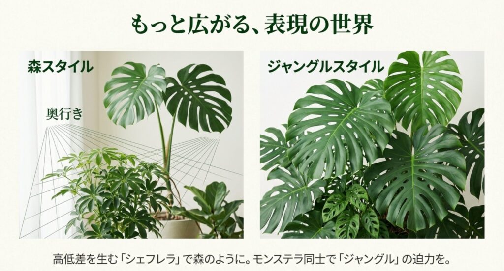 シェフレラで作る奥行きのある森スタイルと、モンステラ同士を組み合わせたジャングルスタイルの比較イメージ