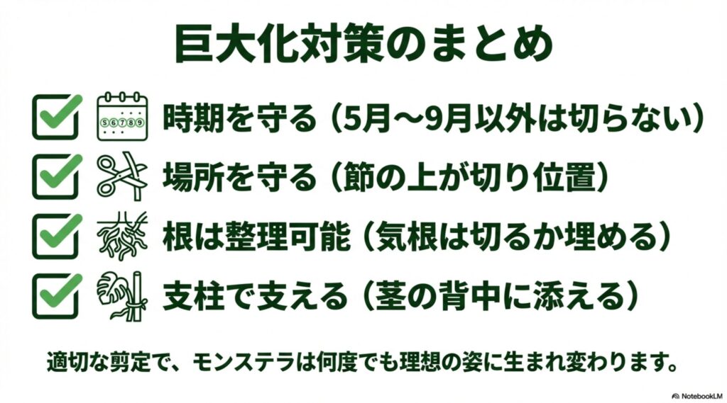時期を守る、場所を守る、根の整理、支柱で支えるというモンステラ管理の重要ポイント4つをまとめた図