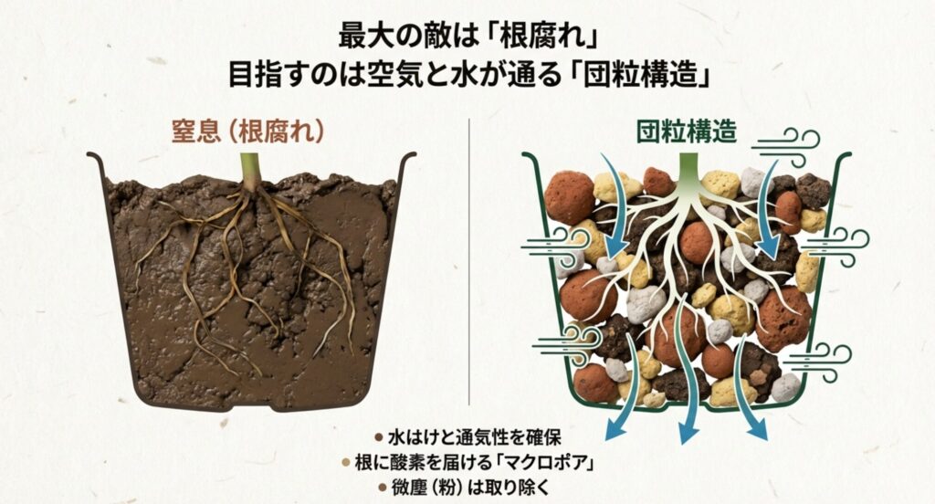 鉢の中の土の団粒構造と根の呼吸、通気性を確保する仕組みの図解