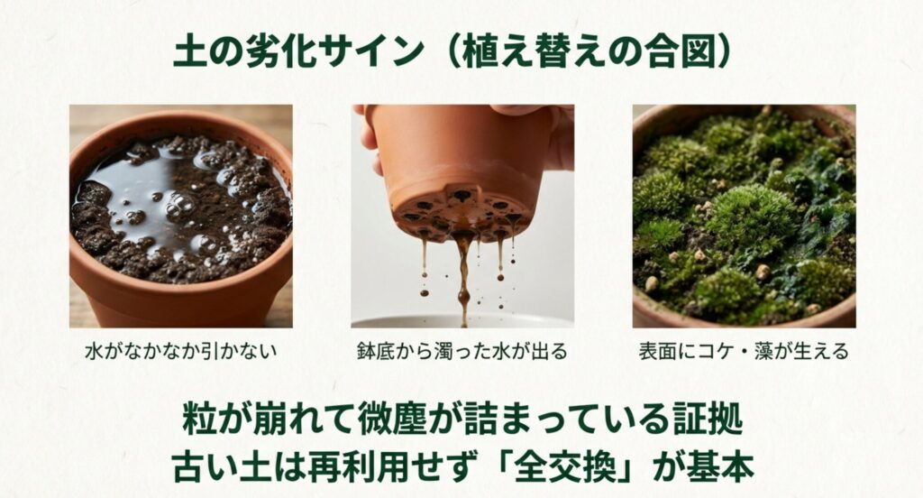 水が引かない、濁った水が出る、コケが生えるといった土の劣化を示す3つのサイン