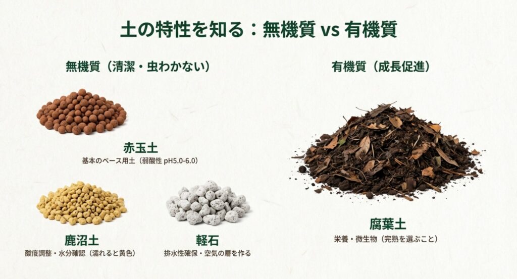 赤玉土、鹿沼土、軽石、腐葉土などモンステラの土配合に使われる用土の写真一覧