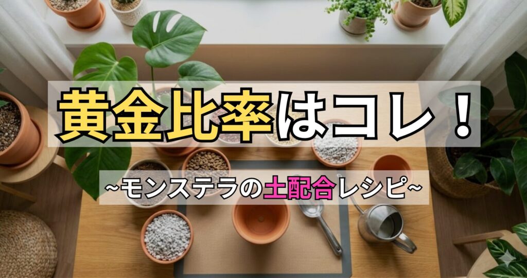 モンステラの土配合の黄金比率とレシピを紹介するアイキャッチ画像。テーブルの上にモンステラの鉢植えと、配合に使用する赤玉土や鹿沼土などの用土、スコップが並べられている。「黄金比率はコレ！」というテキスト入り。