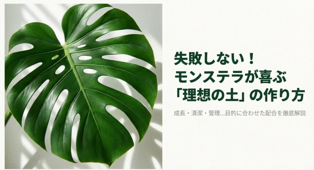 モンステラの葉のアップ写真と理想の土の作り方タイトル