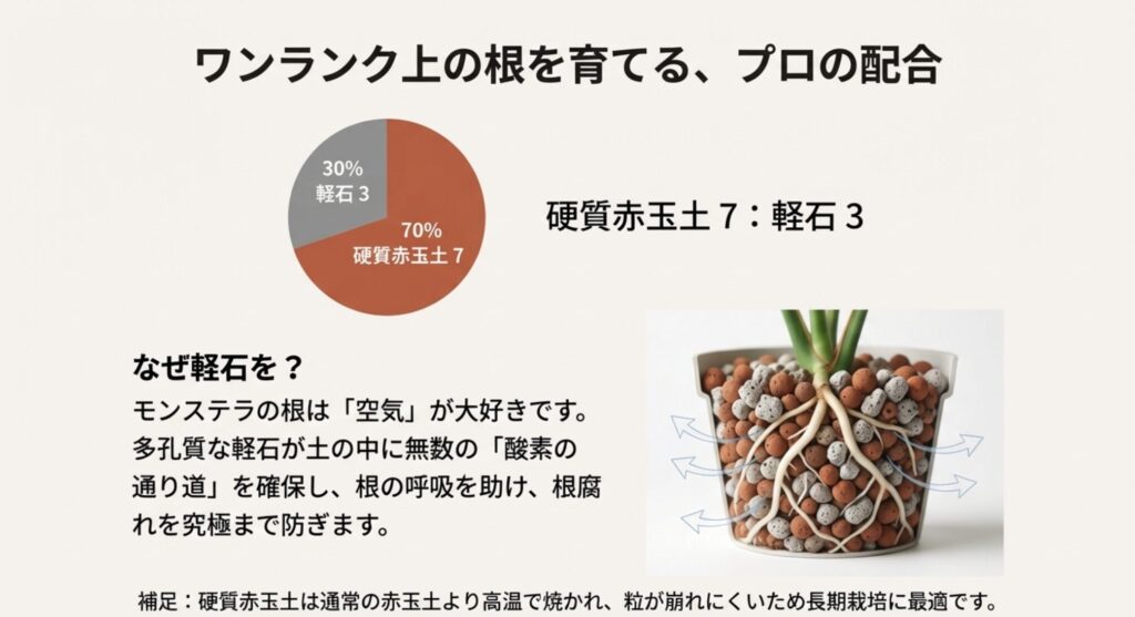 硬質赤玉土7対軽石3の配合比率を示す円グラフと、多孔質の軽石が根に酸素を供給する様子を描いた鉢の断面図