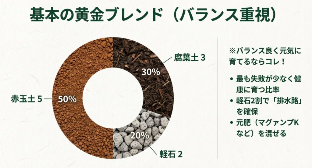 モンステラが元気に育つ基本の土配合比率（赤玉土5：腐葉土3：軽石2）