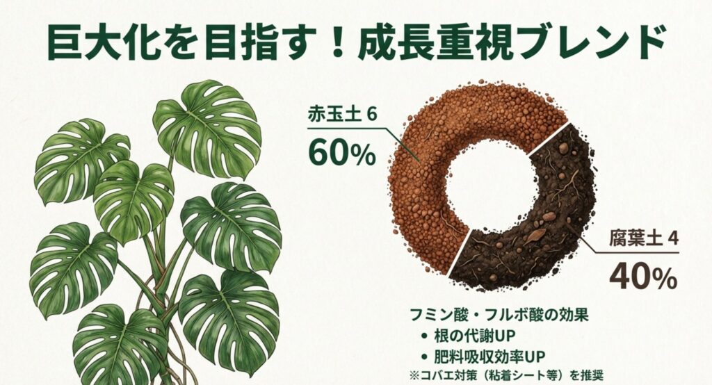 モンステラを巨大化させるための腐葉土を使った配合比率（赤玉土6：腐葉土4）