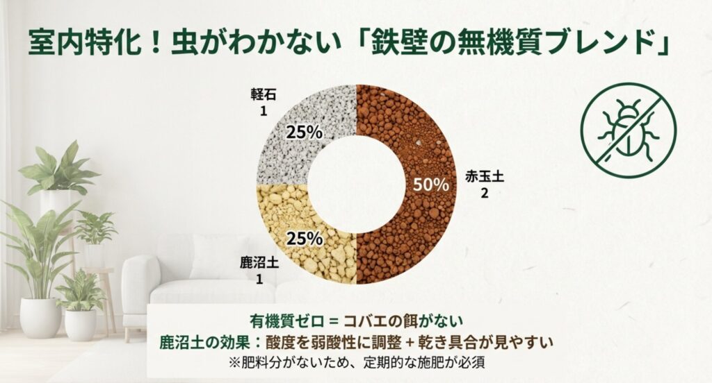 室内栽培におすすめの虫がわかない無機質用土の配合比率（赤玉土2：鹿沼土1：軽石1）