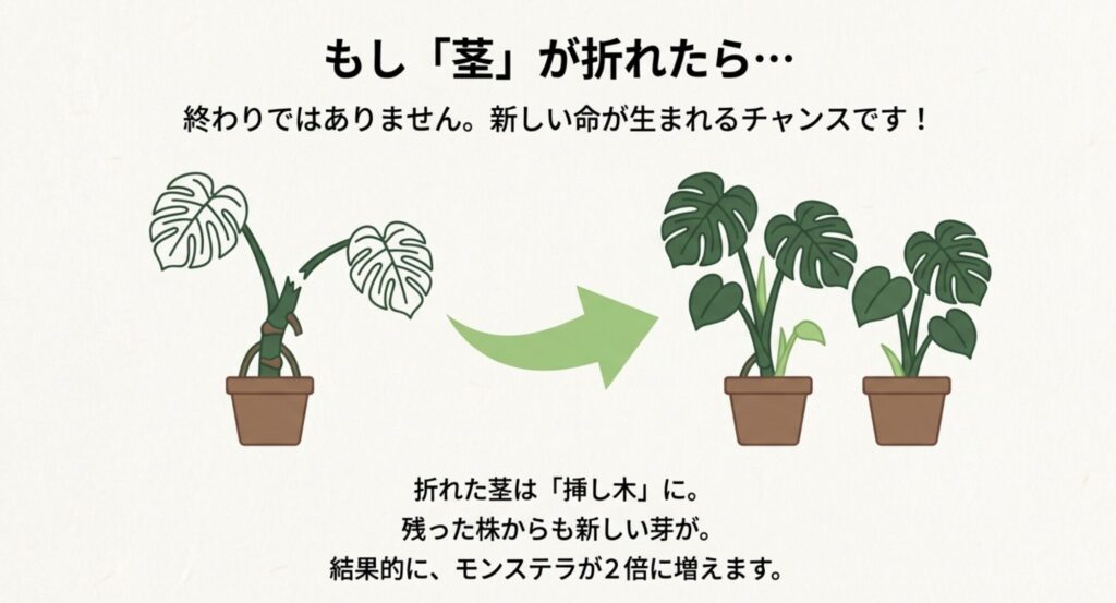 折れた茎から新しい命が生まれ、モンステラが2倍に増えるイメージイラスト