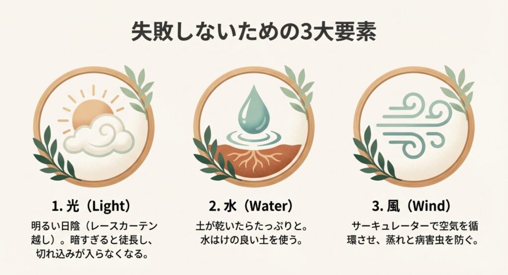 モンステラタウエリーを育てるための3つの基本要素。光は明るい日陰、水は土が乾いたらたっぷりと、風はサーキュレーターで循環させ蒸れを防ぐことが重要。