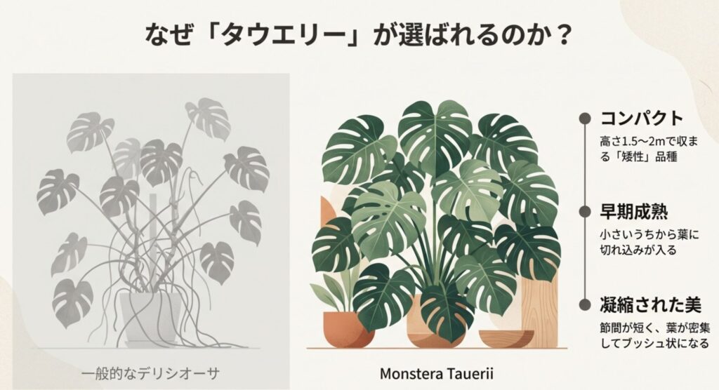 一般的なモンステラ・デリシオーサとモンステラ・タウエリーのイラスト比較。タウエリーはコンパクトで葉が密集し、小さいうちから切れ込みが入る早期成熟の特徴がある。