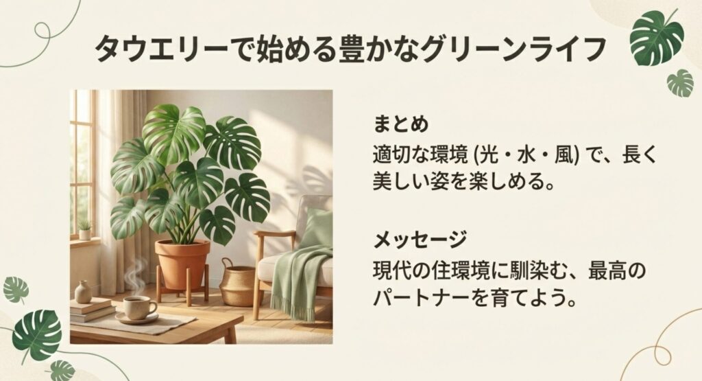 モンステラタウエリーのある暮らしのイメージ。適切な光・水・風の管理で長く美しい姿を楽しめる、現代の住環境に最適なパートナーとなる観葉植物。