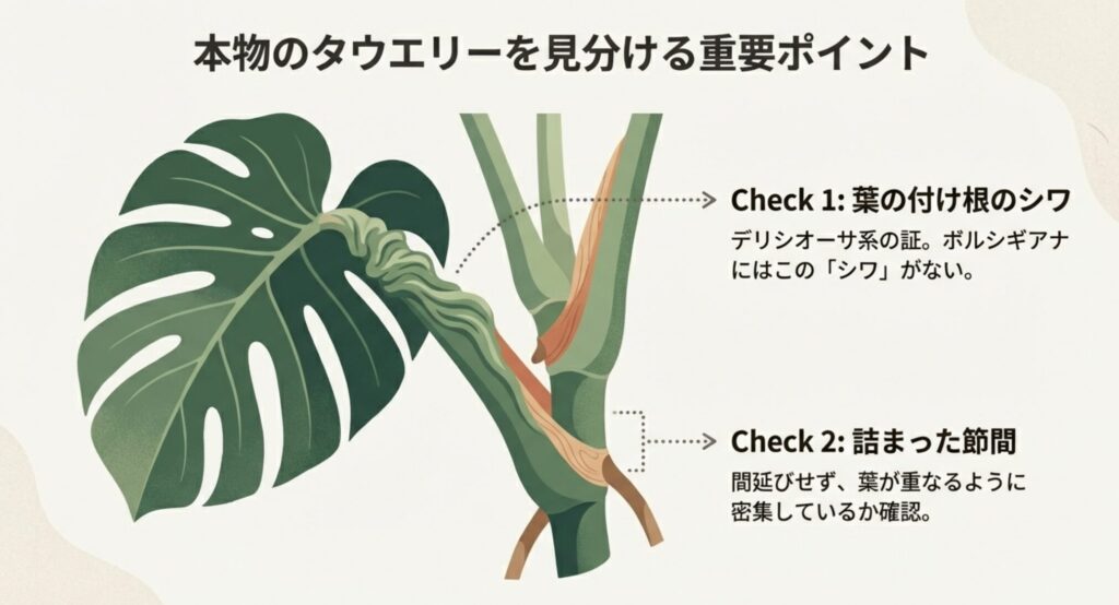 モンステラタウエリーの見分け方ガイド。チェックポイント1は葉の付け根のシワでデリシオーサ系の証。チェックポイント2は詰まった節間で葉が密集しているかを確認する。