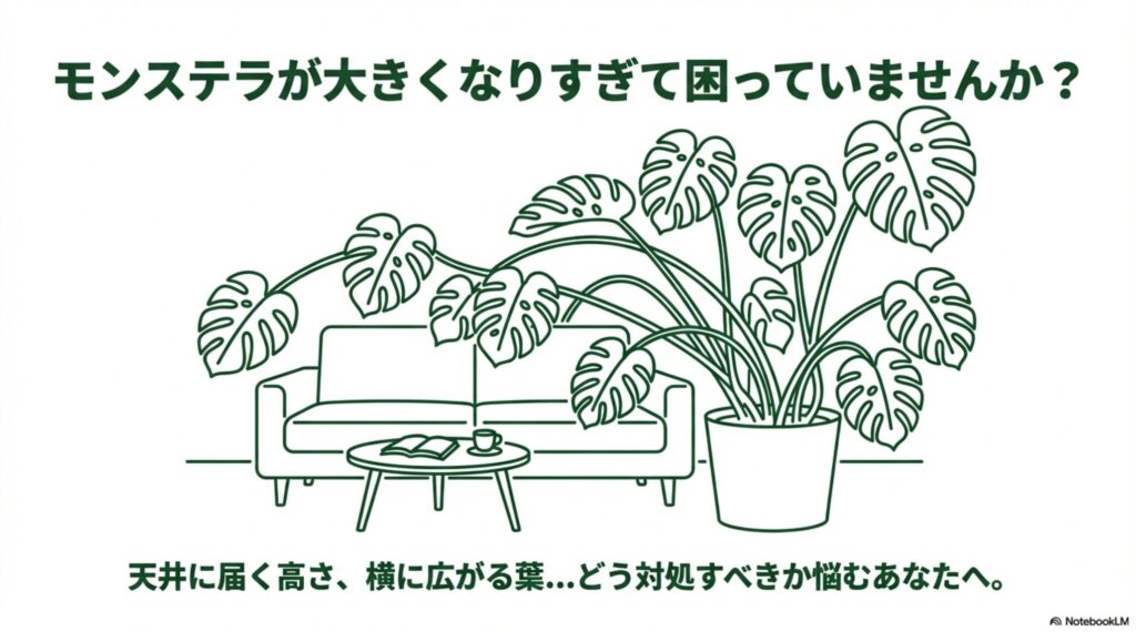 リビングのソファの後ろで天井に届くほど巨大化し、横に広がってしまったモンステラのイラスト