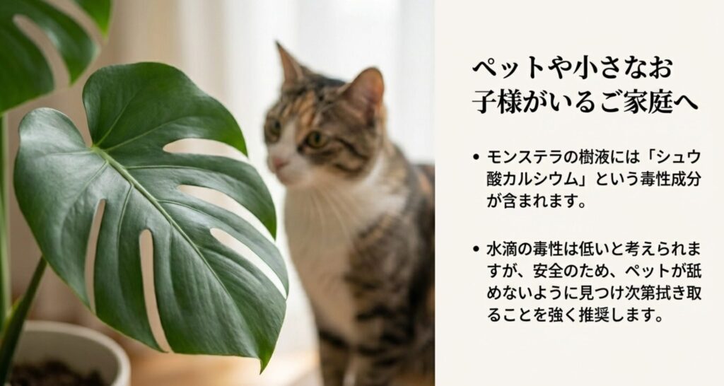モンステラの樹液や水滴に含まれるシュウ酸カルシウムの毒性と、ペットが舐めないようにするための注意喚起。