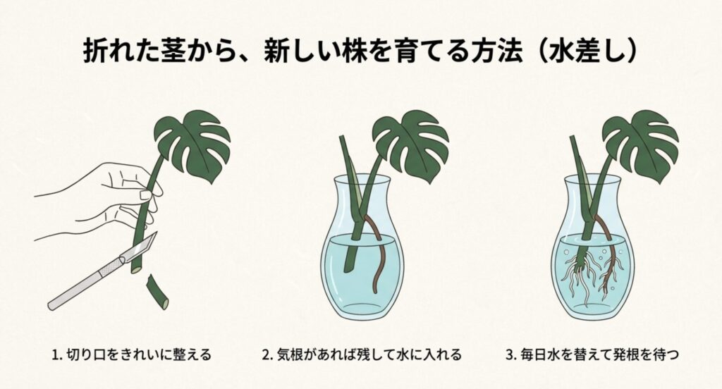 モンステラの茎をカットし、気根を残して花瓶の水に入れる手順のイラスト