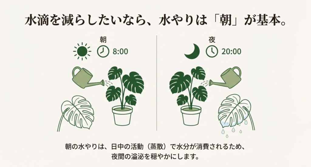 モンステラの水滴を減らすために、蒸散が活発になる朝に水やりをすることを推奨するイラスト。