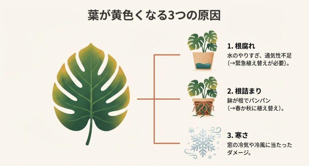 モンステラの葉が黄色くなる主な原因3つ。1.根腐れ（水のやりすぎ）、2.根詰まり（鉢がパンパン）、3.寒さ（冷気ダメージ）。それぞれの原因に応じた対処が必要。