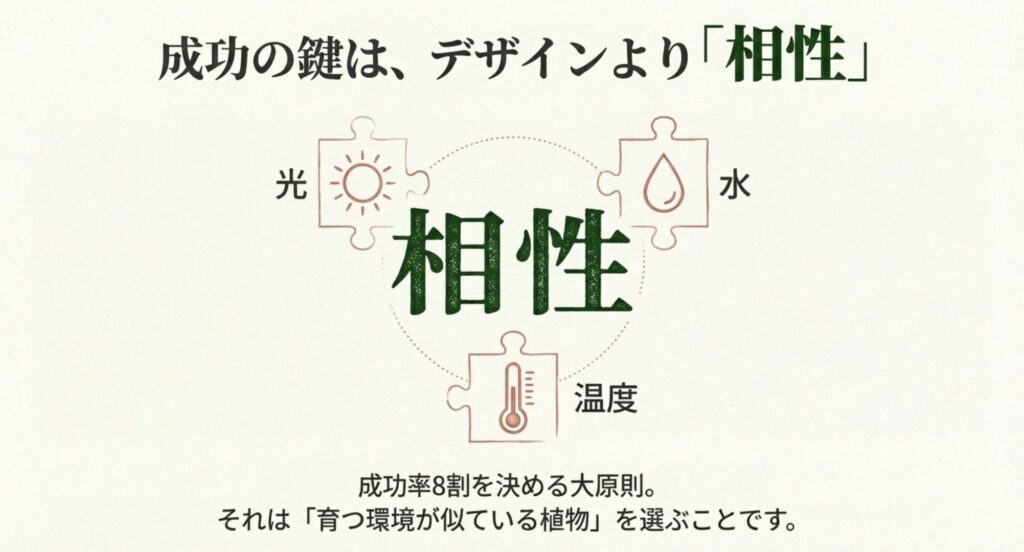観葉植物の寄せ植え成功のカギとなる相性の3要素（光・水・温度）を表したパズル図解