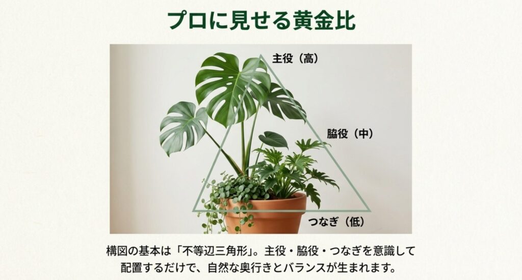 観葉植物の寄せ植えにおける主役（高）・脇役（中）・つなぎ（低）で作る不等辺三角形の構図解説