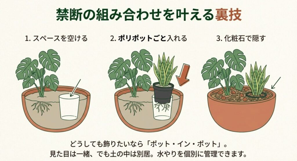 大きな鉢の中に小さなポットごと植物を埋め込み、個別に水管理を行うポット・イン・ポットの手順イラスト