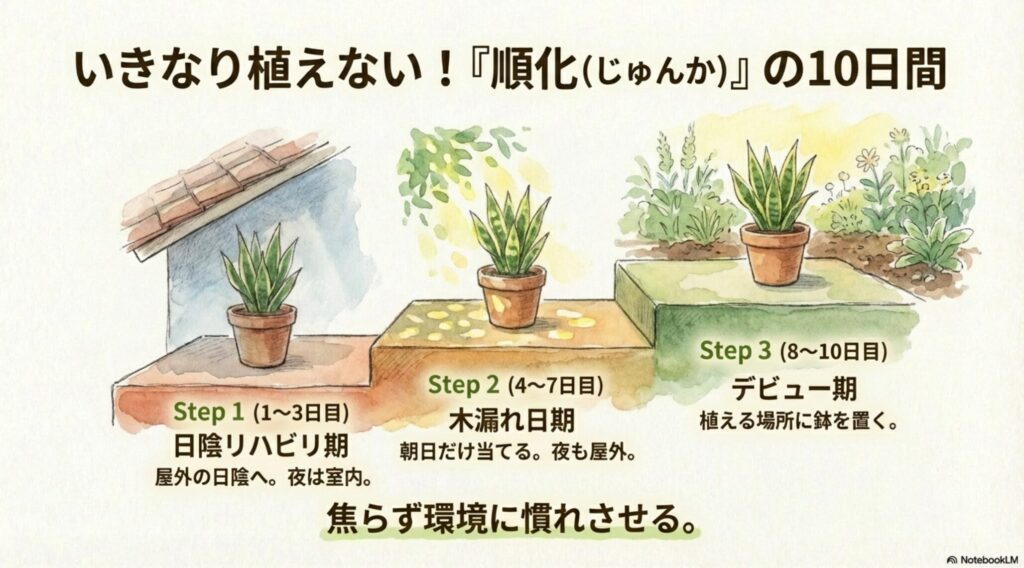 サンスベリアを屋外環境に慣らす「順化」の3ステップ。日陰から徐々に直射日光へ慣らす10日間のイラスト。