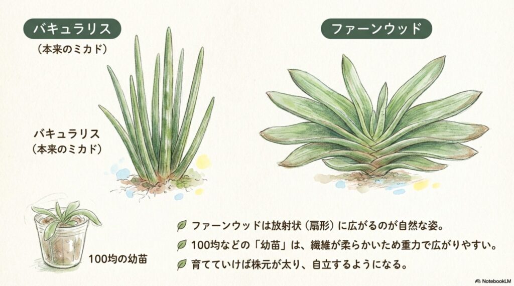 直立するサンスベリア・バキュラリスと放射状に広がるファーンウッドの比較