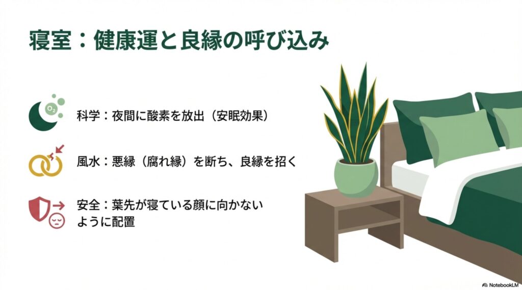 ベッドサイドに置かれたサンスベリアのイラスト。夜間の酸素放出による安眠効果と、葉先を顔に向けない配置のポイント