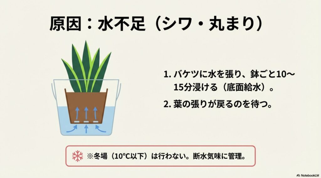 バケツに水を張り鉢ごと浸けて吸水させる、底面給水の手順を示したイラスト解説