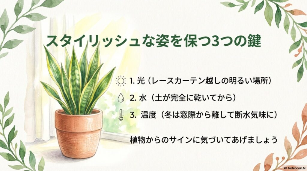 サンスベリアを健康に育てるための3つの鍵。1.光(レースカーテン越し)、2.水(完全に乾いてから)、3.温度(冬は断水気味)のまとめイラスト。