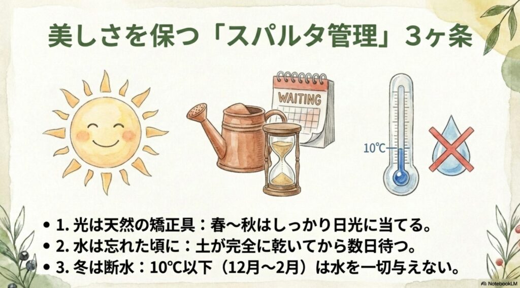 サンスベリアを美しく保つための日光と温度管理（10度以下断水）のイラスト