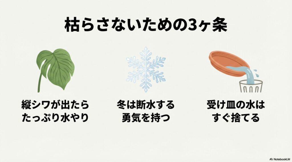 サンスベリアを枯らさないための3つのルール：縦シワが出たらたっぷり水やり、冬は断水する勇気を持つ、受け皿の水はすぐ捨てる。