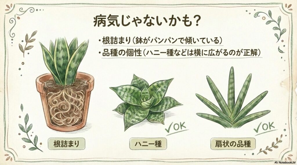 サンスベリアが広がる原因のチェックリスト。根詰まりによる傾きや、ハニー種などの品種特性による自然な広がりを解説したイラスト。