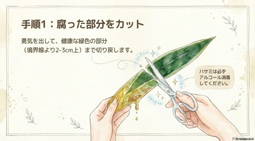 ったサンスベリアを健康な緑色の部分まで切り戻す手順。ハサミの消毒についても記載。