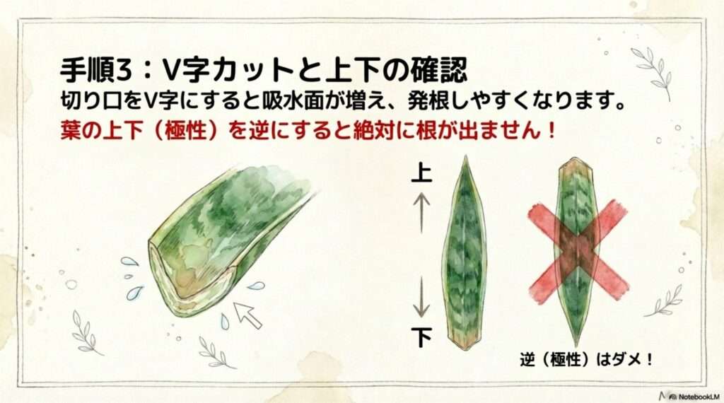 サンスベリアの葉の上下（極性）の重要性と、発根しやすくするためのV字カットの方法。