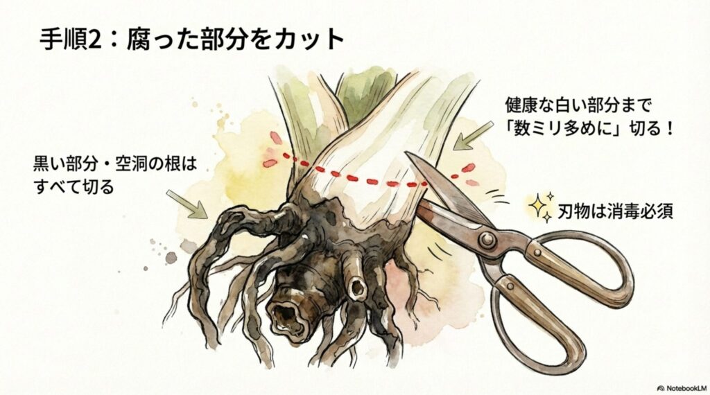 健康な白い部分まで数ミリ多めに切り取る、サンスベリアの根腐れ処置のカット位置を示す図