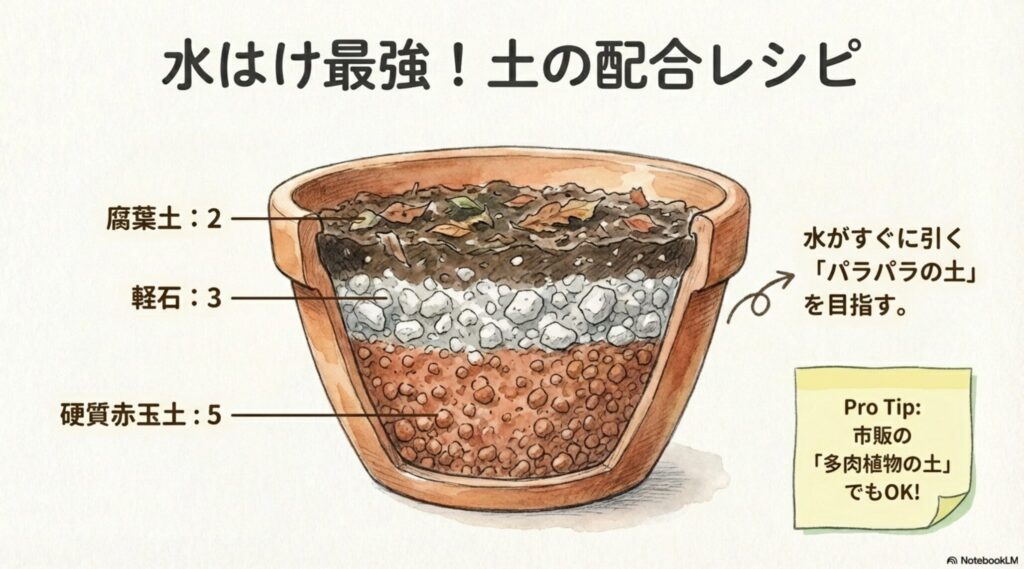 水はけ最強！サンスベリア地植え用の土の配合レシピ。硬質赤玉土5：軽石3：腐葉土2の断面図。
