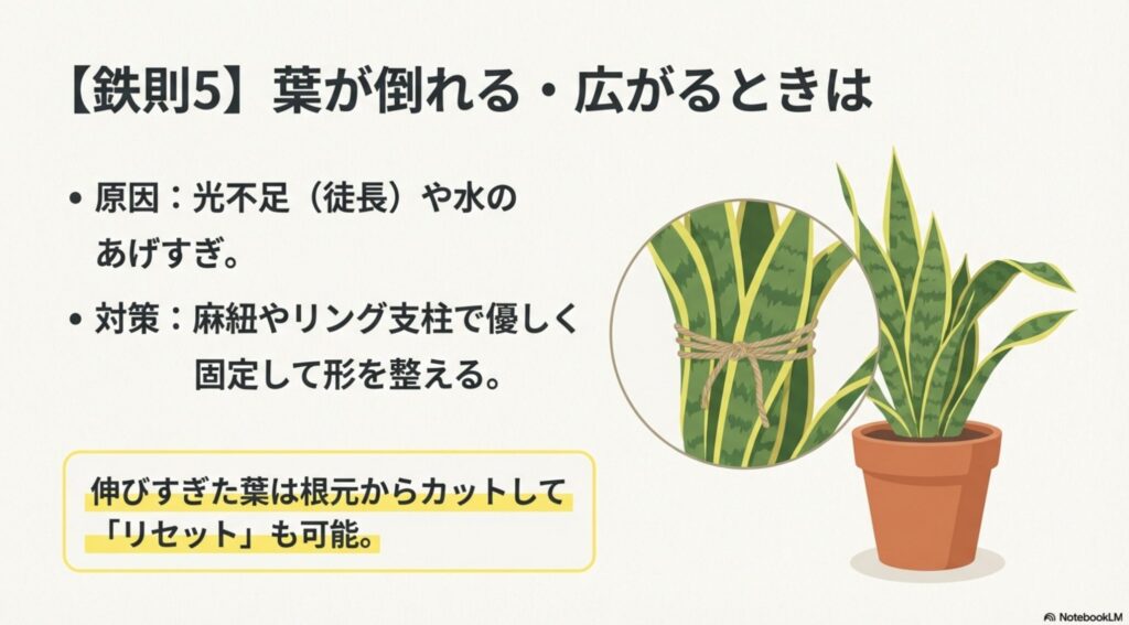 サンスベリアの葉が倒れたり広がる時に対策として麻紐で束ねて固定しているイラスト。