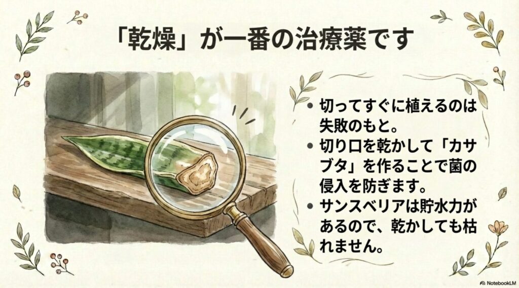 切ってすぐに植えず、切り口を乾かしてカサブタを作ることで菌の侵入を防ぐ解説図