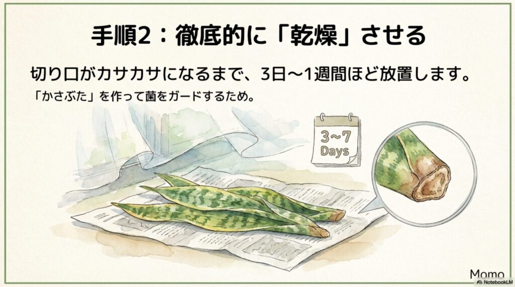 サンスベリアの切り口を3日から1週間乾燥させる手順。カルスを形成して菌をガードする。