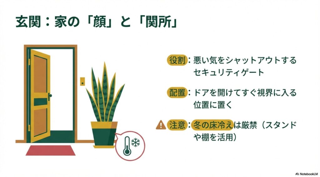 玄関ドアの近くに置かれたサンスベリアのイラスト。家の顔としての役割や、冬場の寒さ対策への注意喚起が描かれている