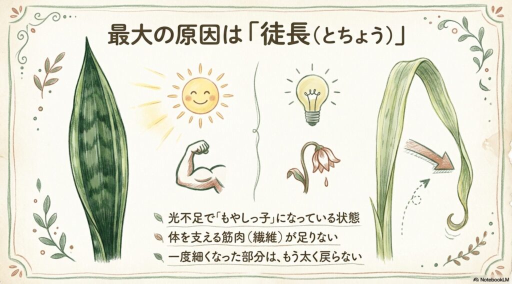 光不足でサンスベリアが徒長し、茎が細くなっている様子のイラスト。「一度細くなった部分は戻らない」という解説付き。