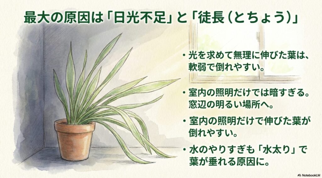 日光不足で徒長し、光の方へ曲がって倒れるサンスベリアのイラスト