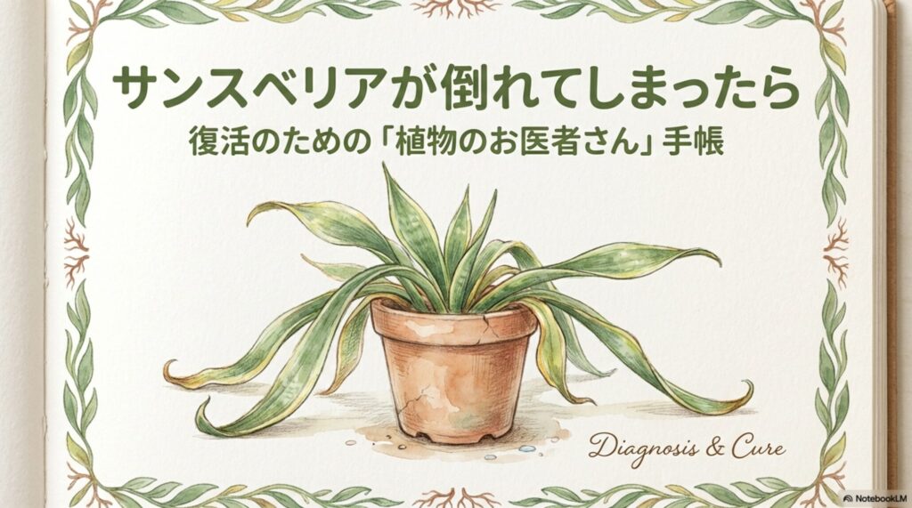 鉢植えのサンスベリアの葉が横に広がり、だらしなく倒れてしまっている様子のイラスト。